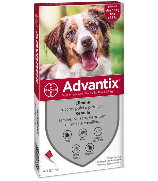 Bayer Advantix Rosso Antiparassitario Cani da 10kg a 25kg 4 pipette x 2,5ml