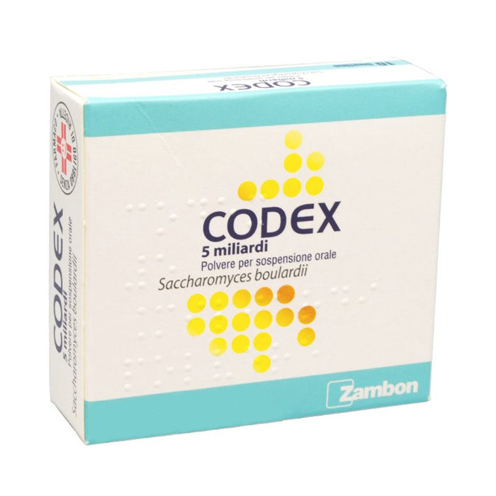 Composizione: Codex 5 miliardi capsule rigide Ogni capsula contiene: principio attivo: Saccharomyces boulardii 5 miliardi di germi vivi (sotto forma di 250 mg di polvere liofilizzata) Codex 5 miliardi polvere per sospensione orale Ogni bustina contiene: