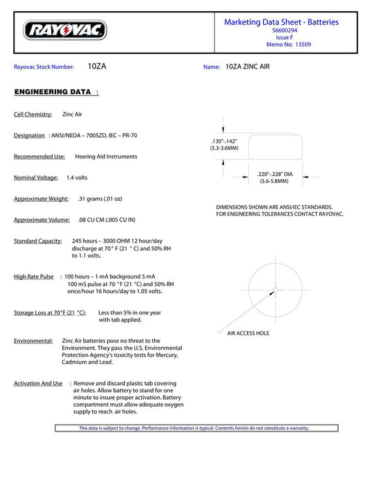 Rayovac Misura 10 - Blister da 6 Batterie per Protesi Acustiche