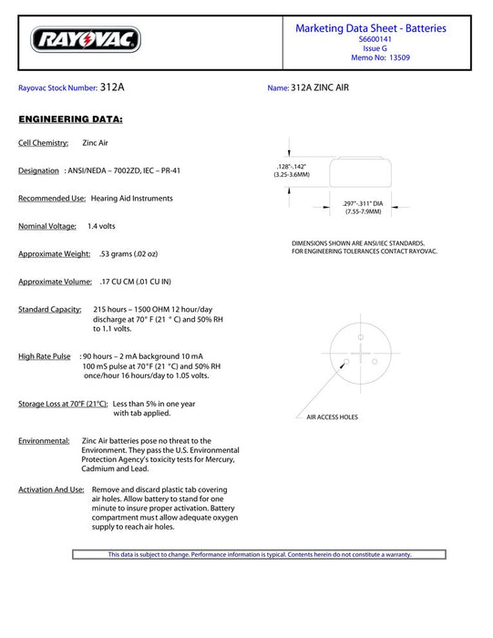 Rayovac Misura 312 - Blister da 6 Batterie per Protesi Acustiche